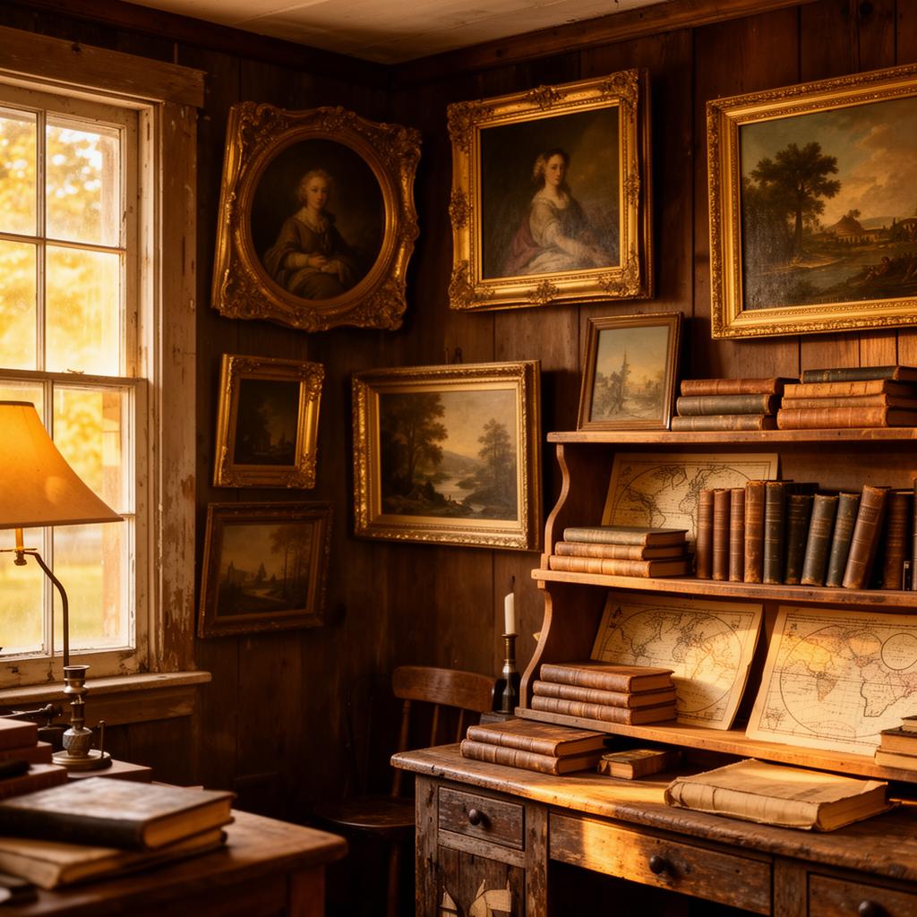 Interior of Upnorth Antiques shop with curated oil paintings and vintage collections